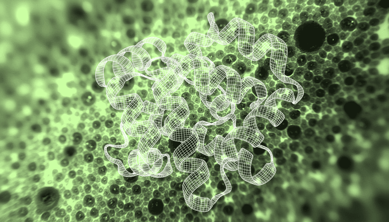 Clustered Z-AAT protein molecules with exposed monomer surfaces, some beginning to polymerize, stabilized by bound miniprotein fragments, macro close-up of fibrous aggregates dispersing, soft diffuse light, translucent protein texture
